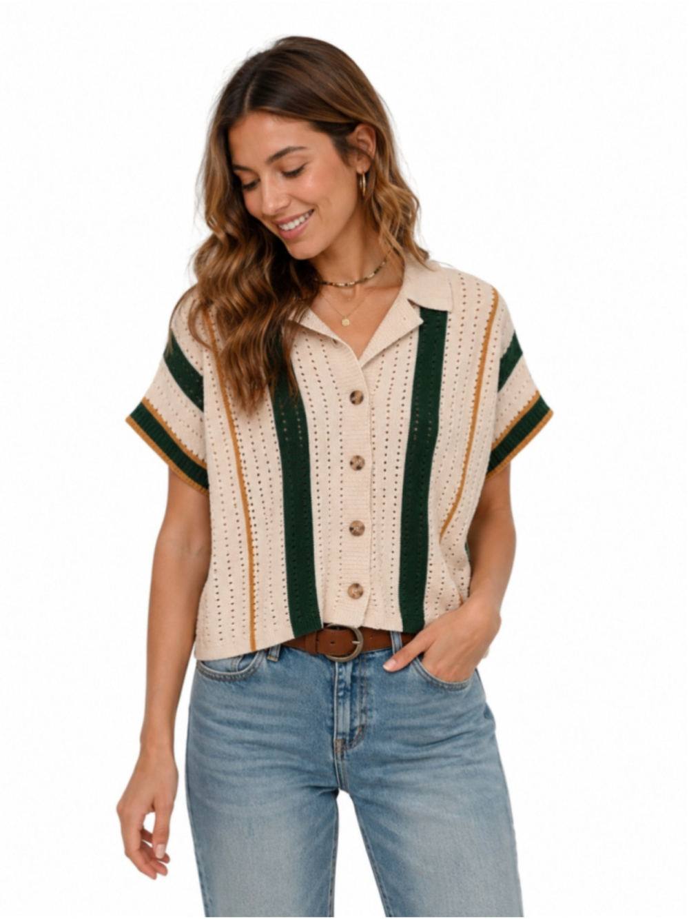 CIDER NWT Striped Pointelle Knit Polo Top Cream Green Mustard Button Front,Small